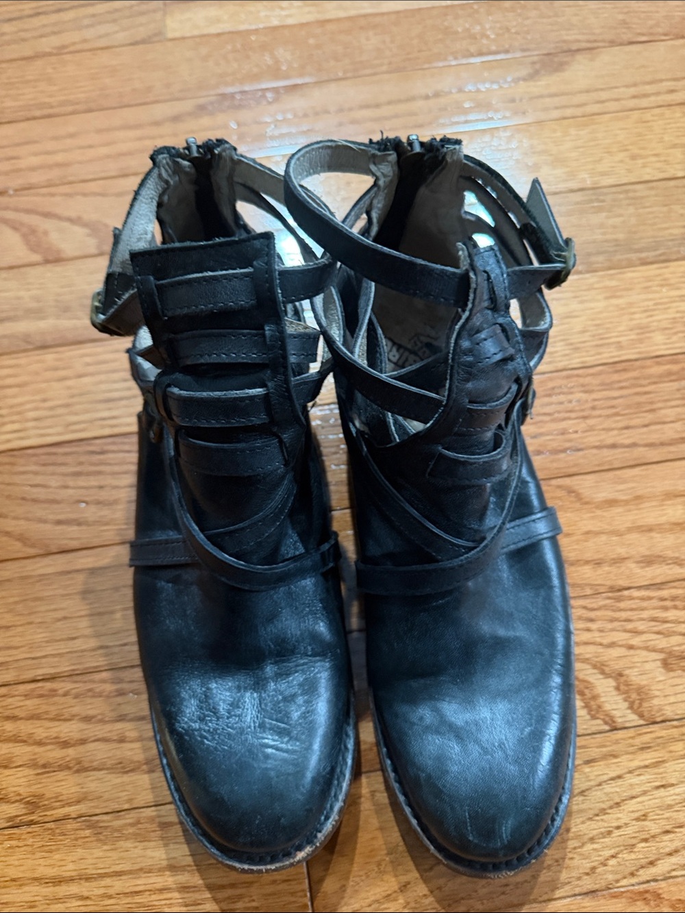 Women's Black Freebird Strappy Leather Ankle Boots